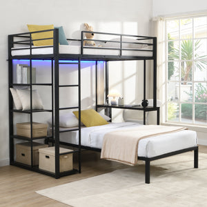 Metal Loft Bed Frame with LED Light Strip, Side Storage Shelves & Built-in Desk