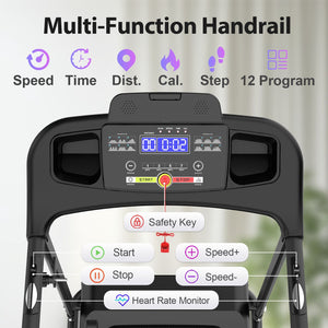 Foldable Electric Treadmill With 2.5Hp Motor, 12Km / H Speed, 3 Incline Levelstooth Music, Heart Rate Sensor, Spacious Running Belt For Indoor - Black