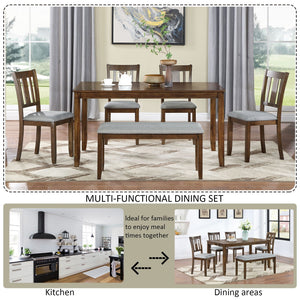6 Pieces Kitchen Dining Set, Rectangular Wooden Dining Table With 4 Upholstered Chairs And A Bench