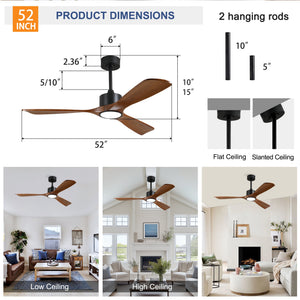 52 Inch Solid Wood Ceiling Fan with Light Kit and Remote Control