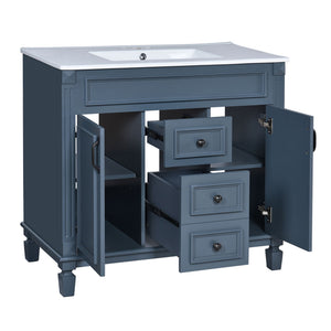 36" Bathroom Vanity With Ceramic Sink and Soft-Close Doors - Blue