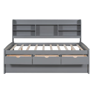 Captain Bed With Built In Bookshelves, 3 Storage Drawers, And Trundle