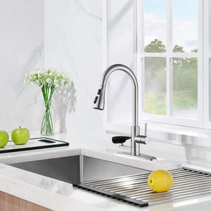 3-in-1 Kitchen Faucet with LED Temperature Display, Press-Type Glass Rinser, Pull-Down Sprayer, 3 Spray Modes, Brushed Nickel Finish, Stainless Steel Construction