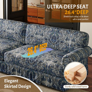 Luxuriously Comfortable Cloud Couch With Elegant Rolled Arms & Pleated Skirt Design