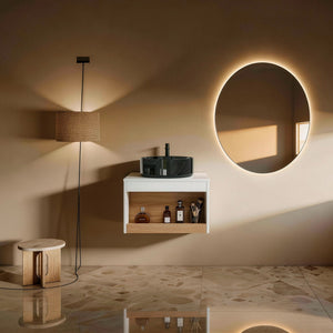 Floating Bathroom Vanity With Vessel Sink With Open Shelf Storage