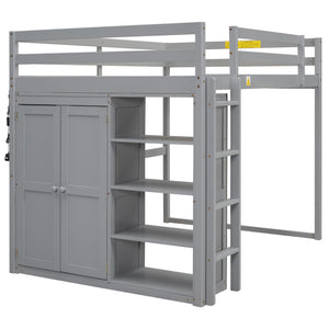 Loft Bed With Built In Wardrobe, Storage Shelves, And LED Light