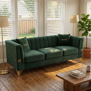 FX-P82-GR3 82.67" Modern Velvet 3-Seater Chesterfield Sofa with 2 Pillows