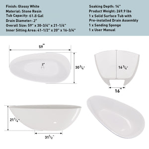 59" Freestanding Solid Surface Bathtub