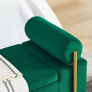 Elegant Upholstered Storage Bench With Cylindrical Arms And Iron Legs,