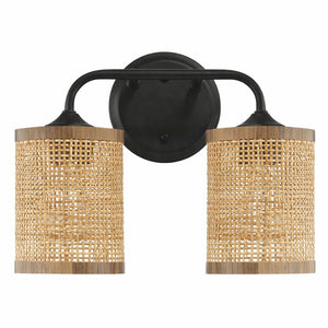 Quell - Double Light Vanity With Natural Shade Wall Lamp - Black / Rattan
