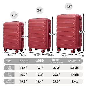 Set 3PCs 20'/24'/28' ABS Spinner Wheel Luggage Wine Red
