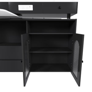Kitchen Island With Extendable Rotating Table, 4 Drawers & Glass Door Cabinets, Built In Socket - Black