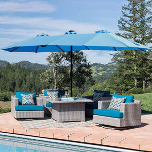 Double-Sided Outdoor Market Umbrella with Integrated Lights and Base - Red, Light Brown, or Light Blue
