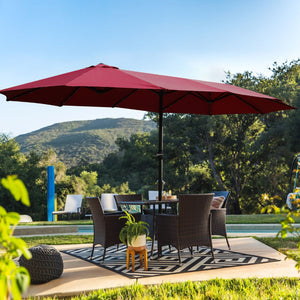 Double-Sided Outdoor Market Umbrella with Integrated Lights and Base - Red, Light Brown, or Light Blue