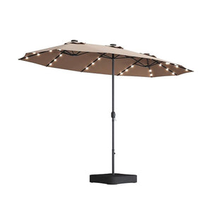 Double-Sided Outdoor Market Umbrella with Integrated Lights and Base - Red, Light Brown, or Light Blue