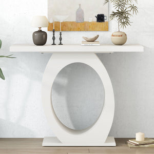 Beige Wood Console Table with Oval Base and Reinforced Bottom Plate