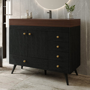 36" Freestanding Bathroom Vanity with Faux Marble Top, Ceramic Sink, 5 Drawers & Stainless Steel Legs