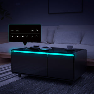 Modern Smart Coffee Table With Built-In Fridge - tooth Speaker, Wireless Charging, Touch Control Panel, USB Interface, Outlet Protection, Atmosphere Light