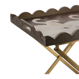 23.5x15.5x24 Brown MDF Tray Table with White Swan Motif and Iron Base
