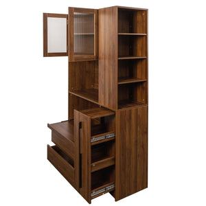 Tall Kitchen Pantry Cabinet With 4 Tier Side Shelf, 2 Drawers, Freestanding Food Hutch With Microwave Stand For Dining Room - Walnut