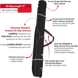 BLACK ATHALON 360 WHEELING DOUBLE SKI BAG - PADDED - 190CM - TRAPSKI