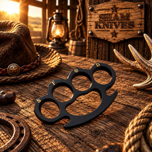 OFFO & GFOD – Black Engraved Brass Knuckle Collectible with Leather Sheath