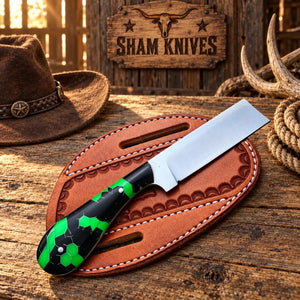 Black & Green Honeycomb Bull Cutter Knife – 4" D2 Steel & Pancake Sheath