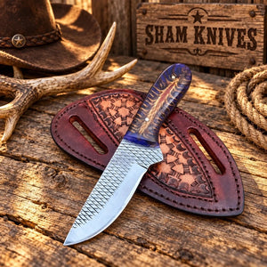 Blue Pine Cone Cowboy Skinning Knife – Rasp Steel & Pancake Sheath