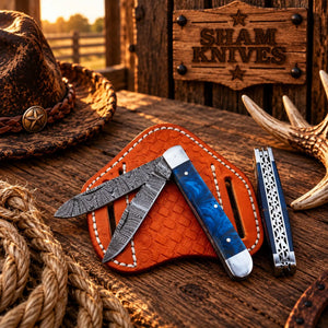 Blue Resin Damascus Double-Blade Trapper Folding Knife with Leather Sheath