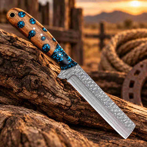 Handmade Damascus Bull Cutter with Blue Resin & Natural Wood Handle
