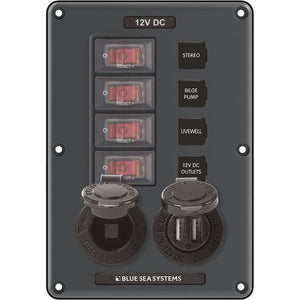 Blue Sea 4321 Circuit Breaker Switch Panel 4 Position - Gray w/12V Socket Dual USB - TRAPSKI