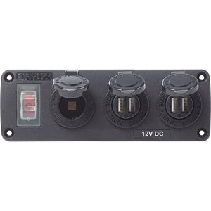 Blue Sea 4365 Water Resistant USB Accessory Panel - 15A Circuit Breaker, 12V Socket, 2x 2.1A Dual USB Chargers - TRAPSKI