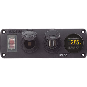 Blue Sea 4366 Water Resistant USB Accessory Panel - Circuit Breaker, 12V Socket, Dual USB Charger, Mini Voltmeter - TRAPSKI