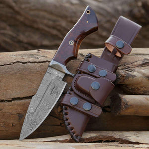 Bolt Damascus Custom Hunting Knife with Exotic Rose Wood Handle - TRAPSKI