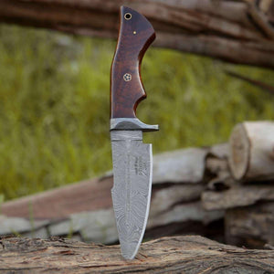 Bolt Damascus Custom Hunting Knife with Exotic Rose Wood Handle - TRAPSKI