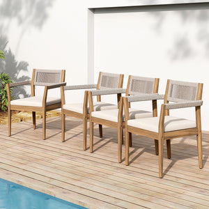 Braided Acacia Wood Outdoor Dining Chairs with Cushions - Teak Look, Beige Rope