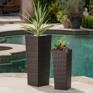 Brown Rattan Flower Pot Set with Iron Frame - Brown