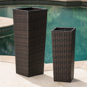 Brown Rattan Flower Pot Set with Iron Frame - Brown