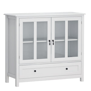 Buffet Storage Cabinet with Double Glass Doors and Bell Handle - White