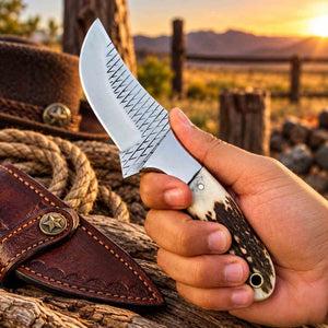 Handmade Damascus Bull Cutter Knife with Camel Bone Handle & Western Leather Sheath