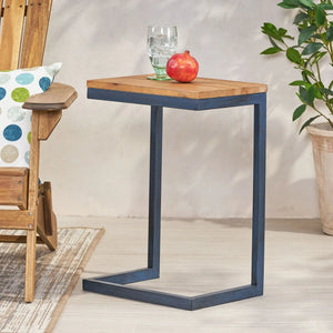 C Shaped End Table with Iron Base and Fir Wood Top - Black