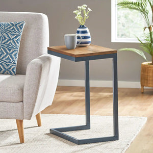 C Shaped End Table with Iron Base and Fir Wood Top - Black