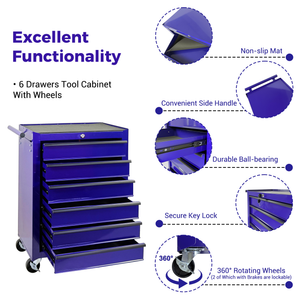 Rolling Metal Tool Chest with 6 Drawers, 20" Cabinet - Purple