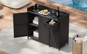 K&K 47.5"W Wicker Outdoor Storage Cabinet with Tempered Glass Top