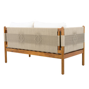Outdoor Acacia Wood Loveseat with Diamond Rope Weave & Cushions, Teak Finish