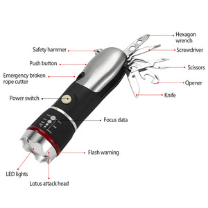 8 In 1 Multi Tool Hammer Zoomable LED Flashlight Emergency Auto Escape Tool w/ Glass Breaker Seatbelt Cutter Scissors Screwdriver Opener