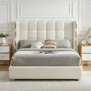 Queen Size Removable Chenille Wingback Upholstered Waffle Bed