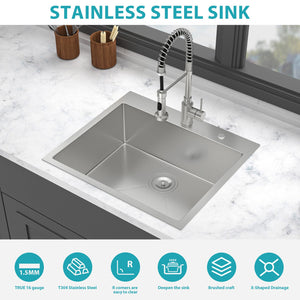 25 x 22 x 9 Inch Kitchen Sink Drop-In 16 Gauge Stainless Steel Single Bowl