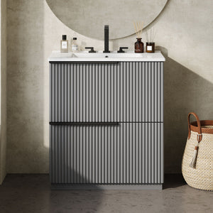 Fluted Bathroom Vanity With Ceramic Sink, Freestanding Cabinet