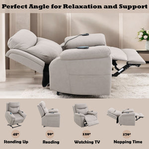 Chriki Beige Chenille & Black Finish Power Recliner with Lift, Heating, and Massage